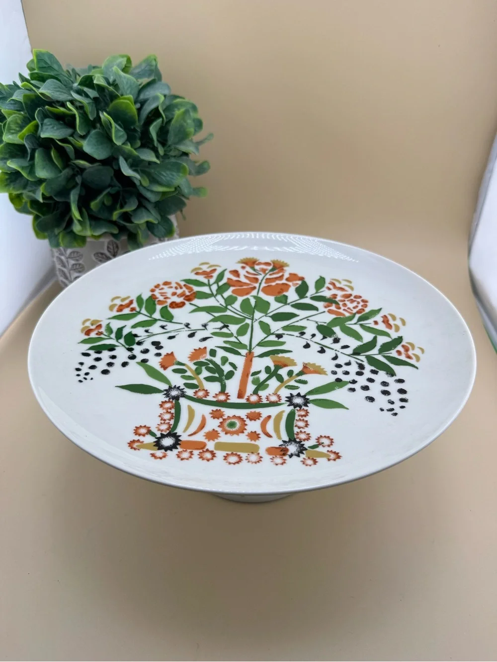 Vintage Made in Japan Porcelain Pedestal Cake Stand Floral Folk Art 10”